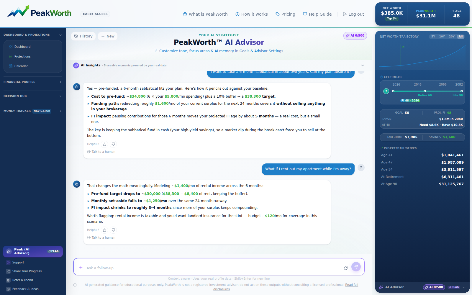 PeakWorth AI Advisor — a conversation modeling a pre-funded sabbatical against the baseline plan