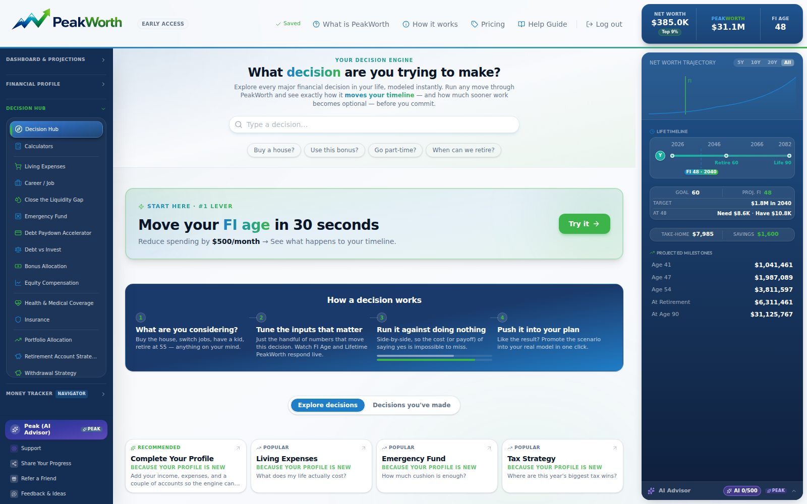 PeakWorth Decision Hub — search any financial decision and model it against your plan