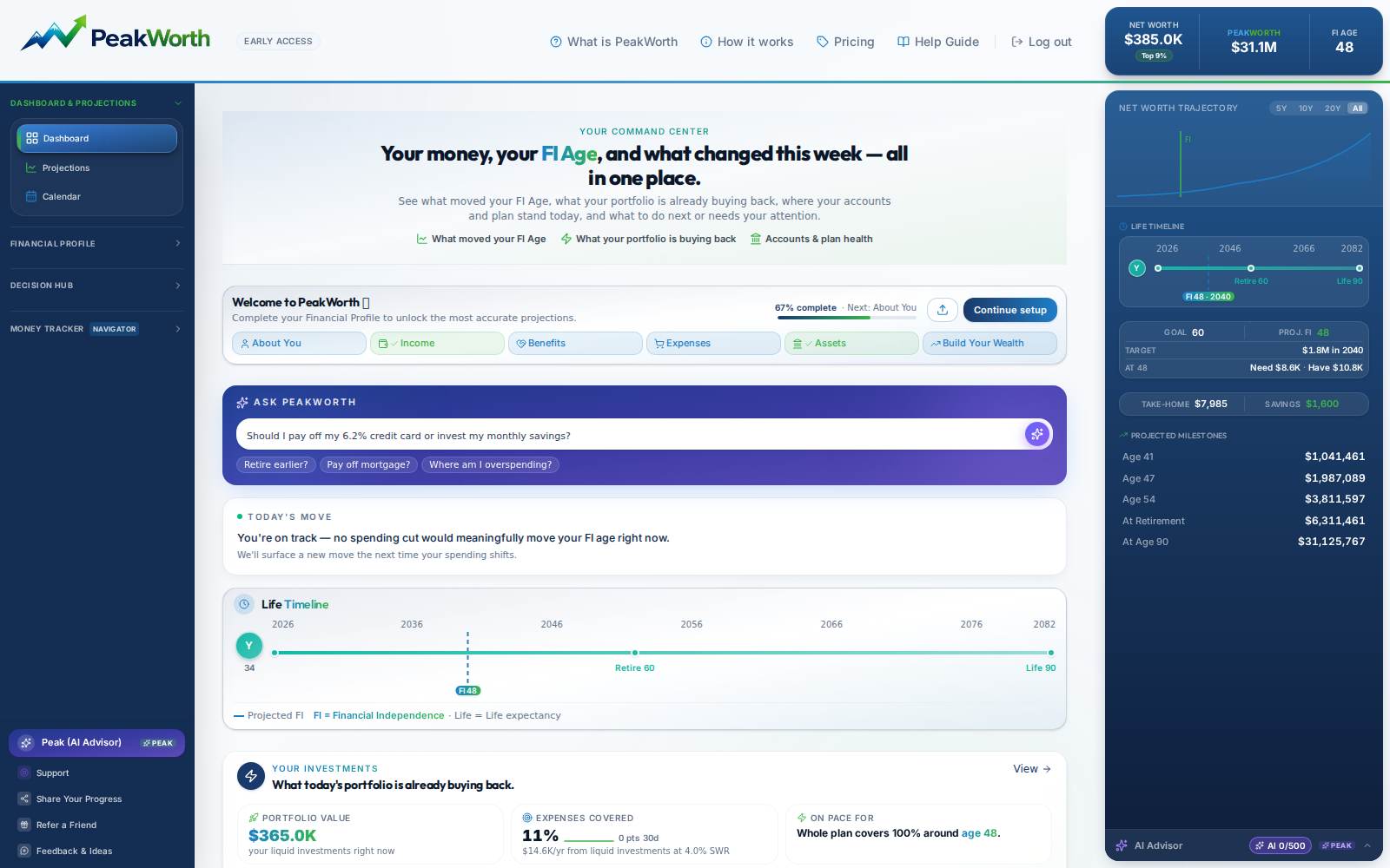 PeakWorth dashboard — FI age, life timeline, and what changed this week in one place