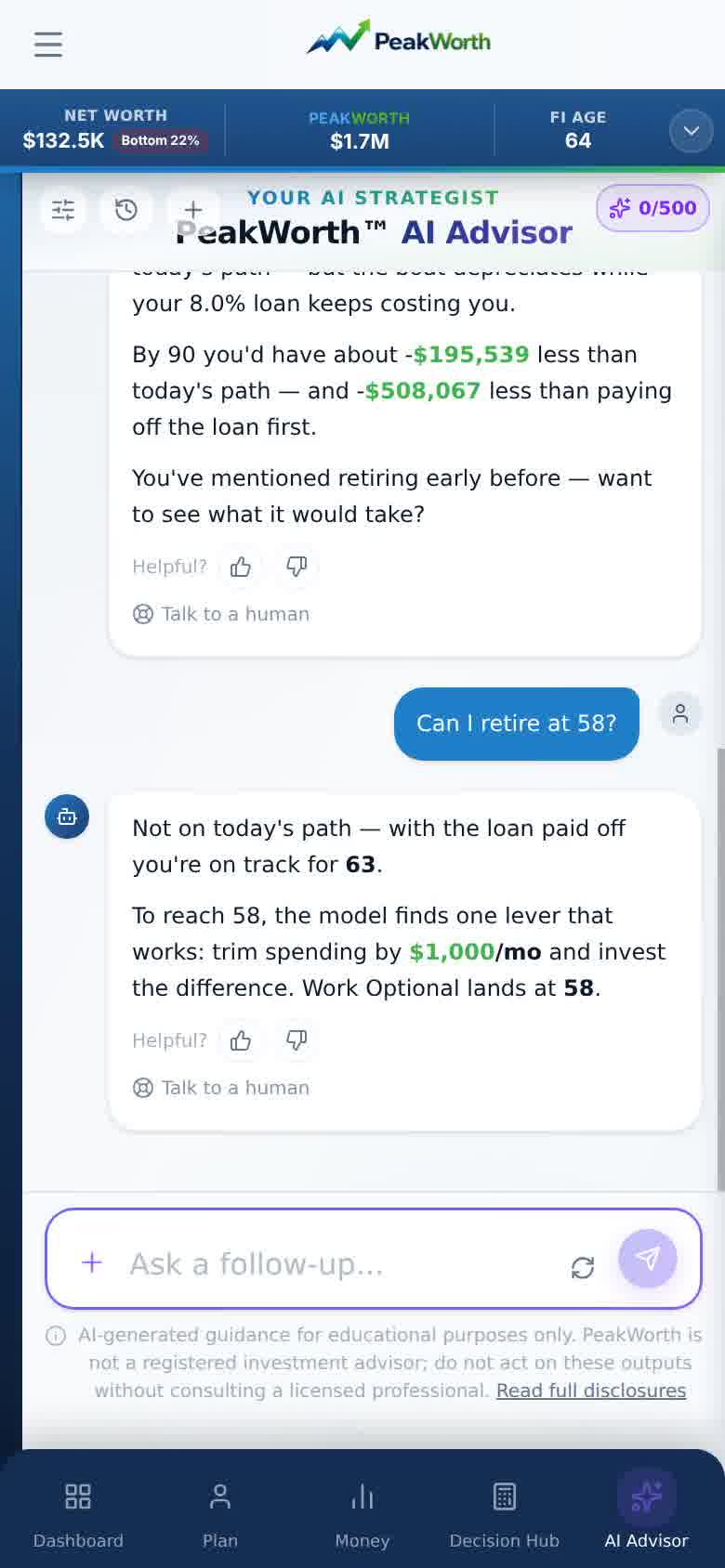 PeakWorth mobile app — AI Advisor answering planning questions from the household's own numbers