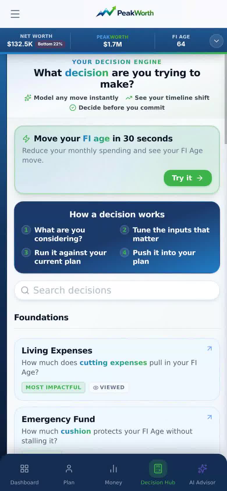 PeakWorth mobile app — Decision Engine showing the Work Optional and lifetime-wealth impact of each choice