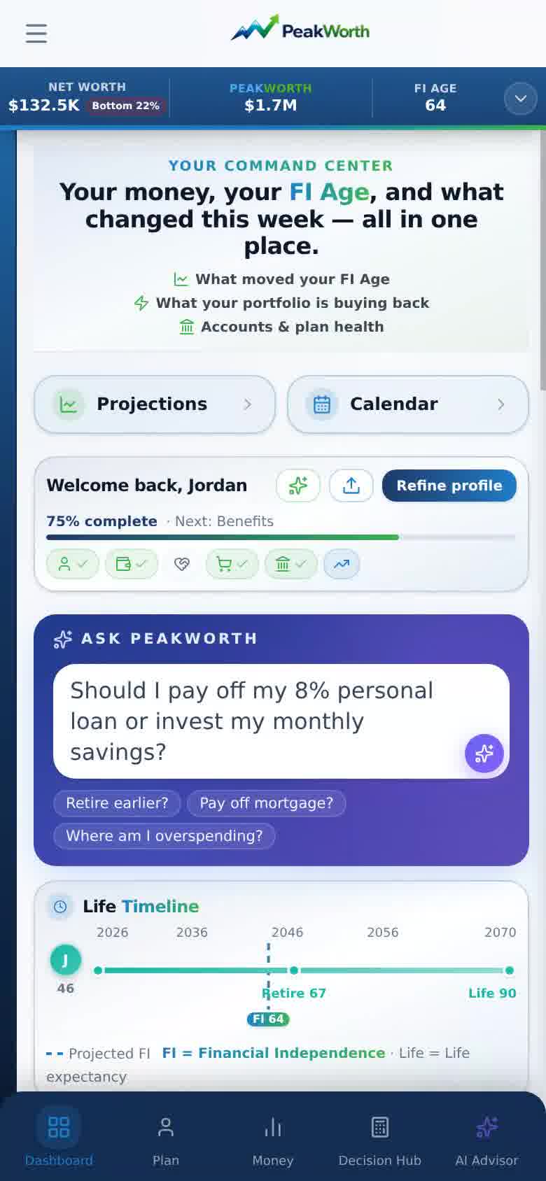 PeakWorth mobile app — guided setup from sign-up to a first Work Optional projection