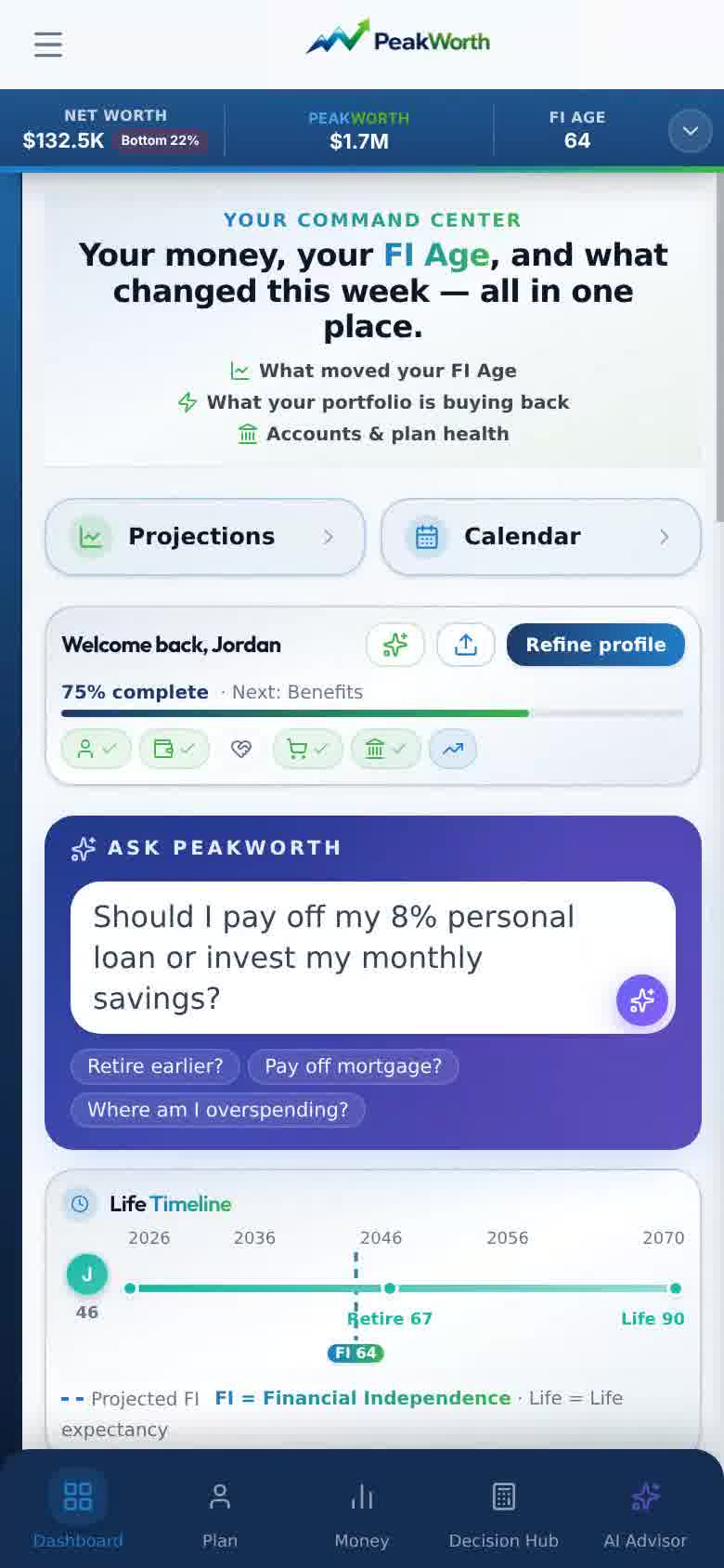 PeakWorth mobile app — decades-long net worth projection with the Work Optional age marked