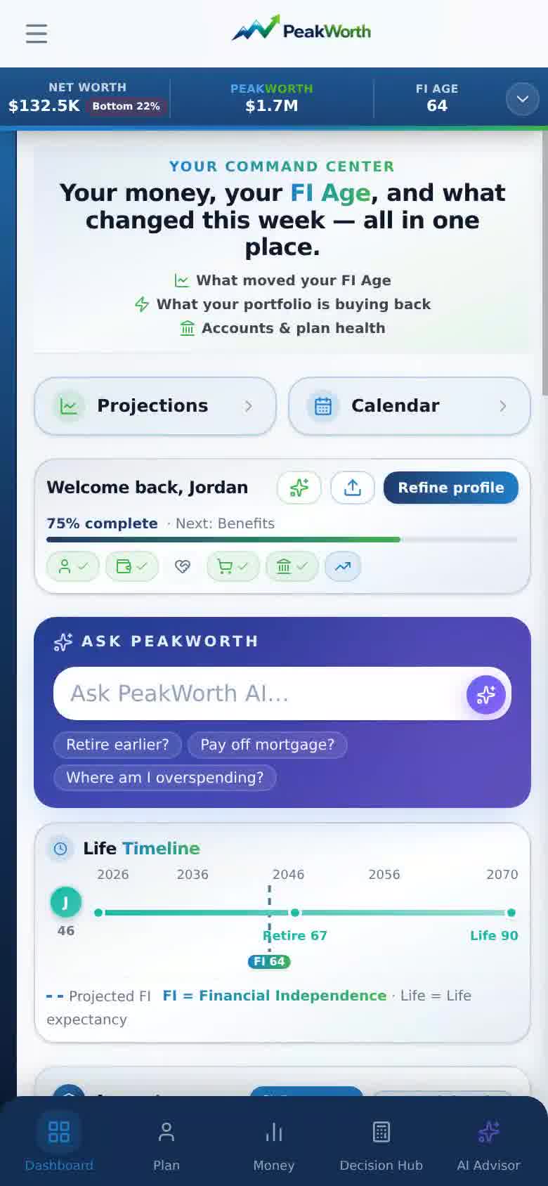 PeakWorth mobile app — connected accounts, Work Optional age and AI recommendation in one dashboard